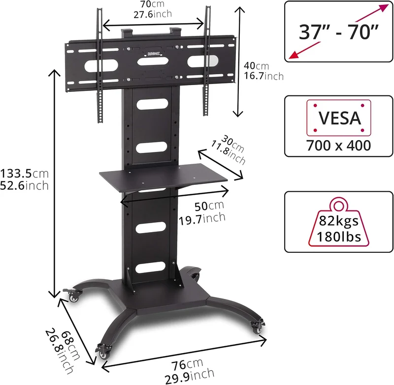 Duronic TVS4T1 Meuble TV pour écran 37 à 70 Pouces Support télévision LCD LED OLED QLED VESA 600x400 mm Charge Max 82 kg roulettes intégrées