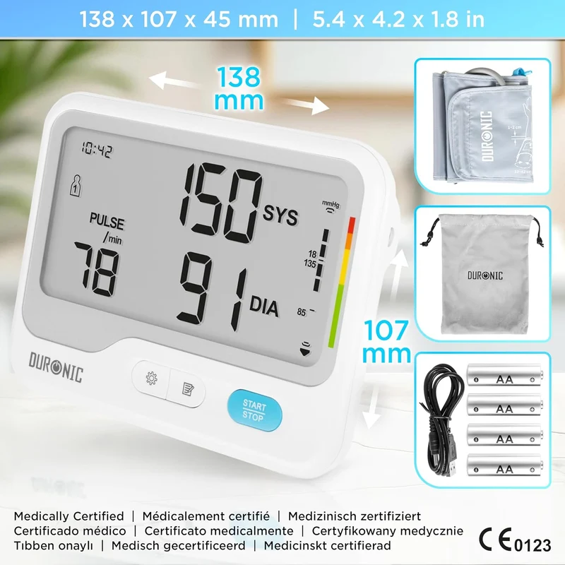 Duronic BPM125 Tensiomètre 6V Appareil de mesure de tension artérielle systolique diastolique avec fonction mémoire Mesures précises de la pression artérielle 4x piles AA
