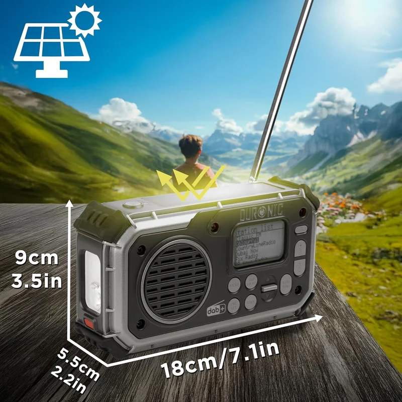 Duronic SDAB1 Radio Portable Dab+ avec Batterie ou 3 Piles AAA Recharge Solaire Manivelle Dynamo Radio Numérique Lampe Torche Alarme SOS Camping Randonnée Extérieur Urgences