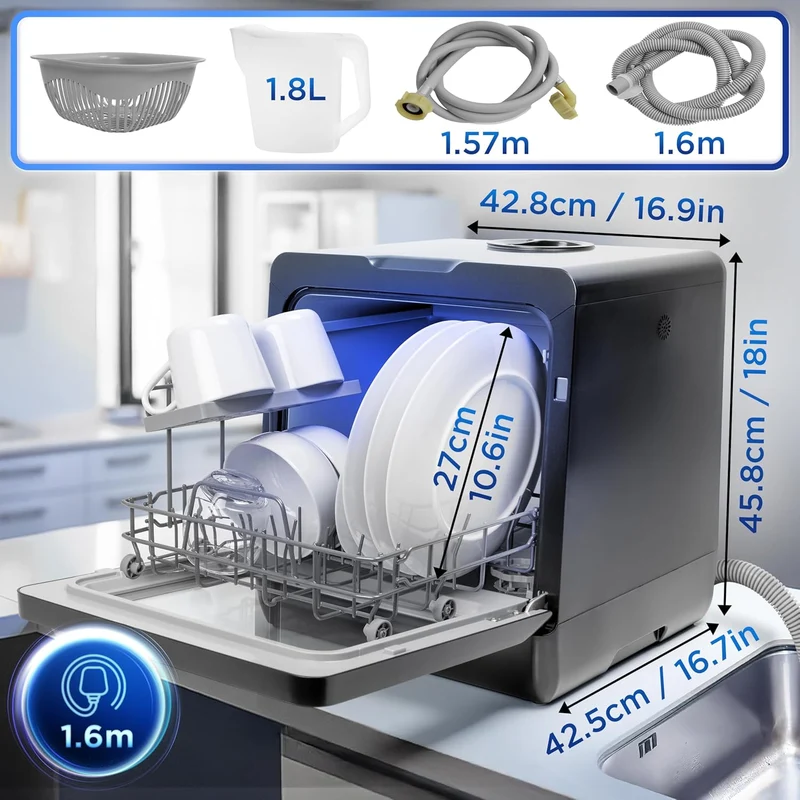 Duronic DW5 BK Lave-vaisselle de table 950W lave vaisselle posable portable compact gain de place pour petite cuisine 6 programmes de lavage séchage efficace pratique