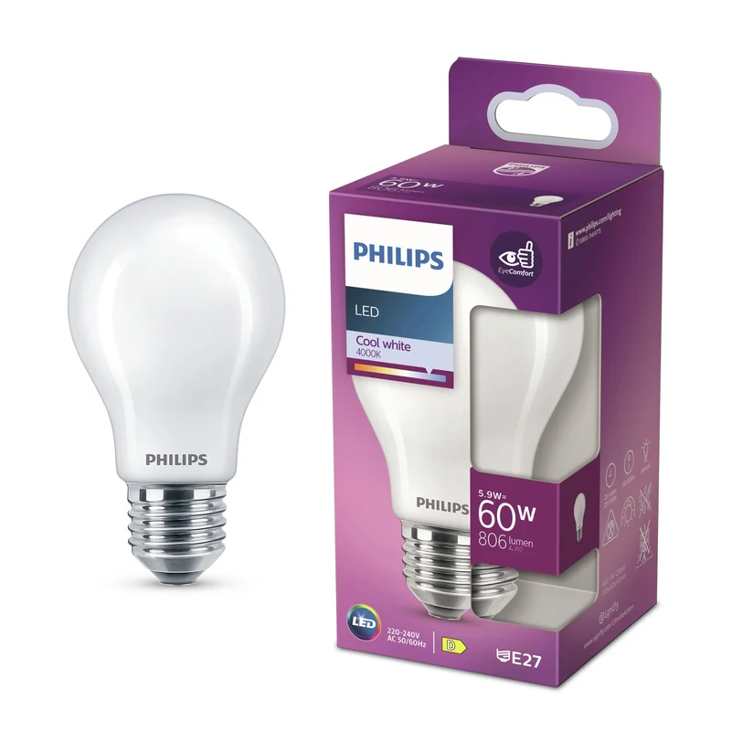 PHILIPS - Lampe LED - 60W - E27 - 806Lm - Poire - Blanc froid
