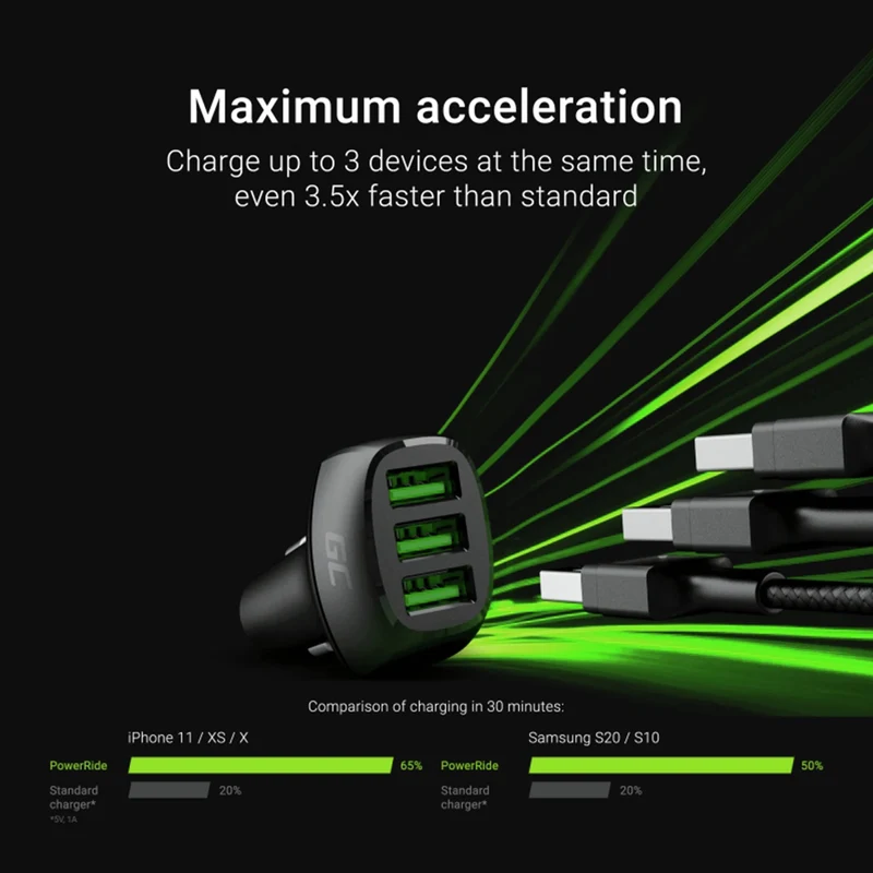 GREEN CELL - Chargeur de voiture - 3x USB - 54W