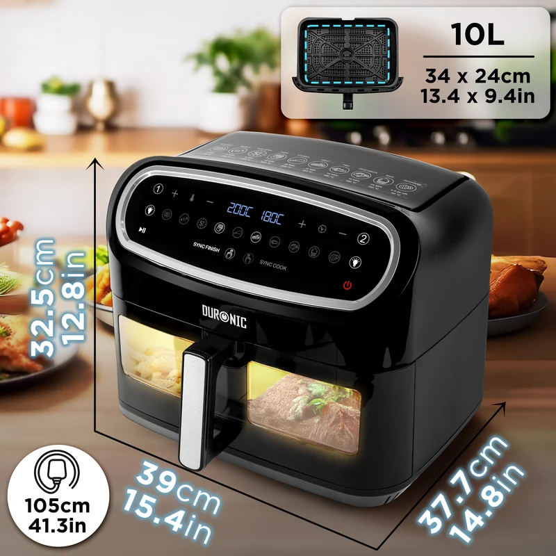 Duronic AF14 BK Friteuse à Air avec 1 grand tiroir de 10L inclus Air fryer avec 10 Programmes de Cuisson Préréglés Sans huile Gâteaux Poulet Rôtir Frites Déshydrater Réchauffer