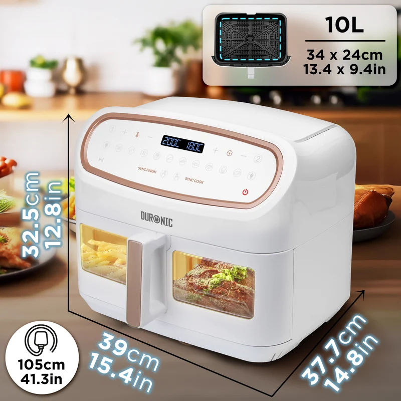 Duronic AF14 WG Friteuse à Air avec 1 grand tiroir de 10L inclus Air fryer avec 10 Programmes de Cuisson Préréglés Sans huile Gâteaux Poulet Rôtir Frites Déshydrater Réchauffer