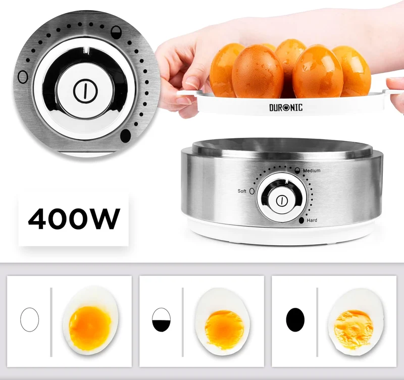 Duronic EB40 WE Cuiseur à œufs 400W 1 à 7 oeufs Thermostat et minuteur pour obtenir œufs durs ou mollets ou à la coque avec fonction dédiée pour préparer 2 types de cuisson Sans BPA