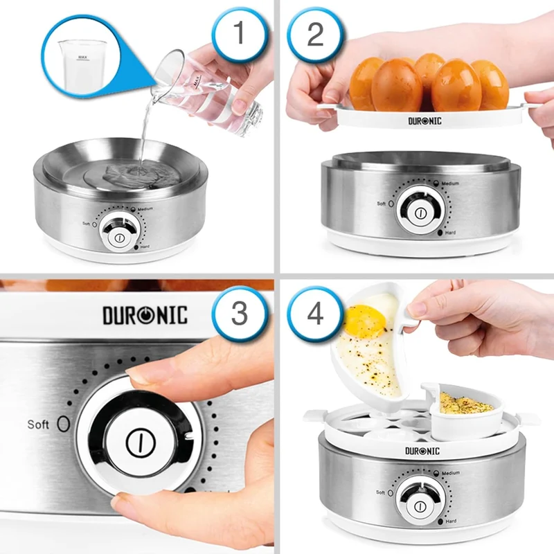 Duronic EB40 WE Cuiseur à œufs 400W 1 à 7 oeufs Thermostat et minuteur pour obtenir œufs durs ou mollets ou à la coque avec fonction dédiée pour préparer 2 types de cuisson Sans BPA