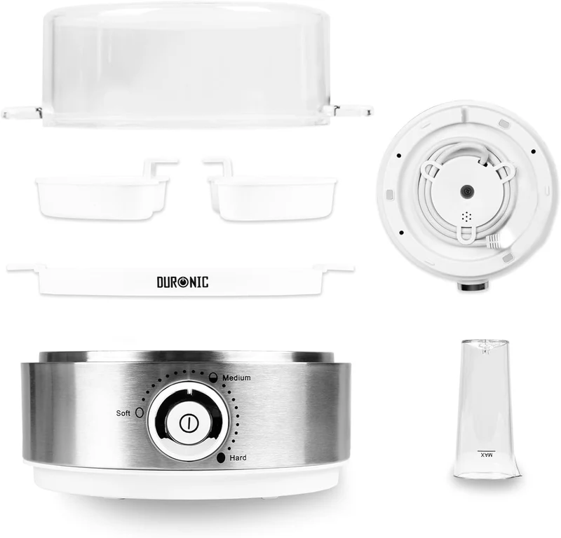 Duronic EB40 WE Cuiseur à œufs 400W 1 à 7 oeufs Thermostat et minuteur pour obtenir œufs durs ou mollets ou à la coque avec fonction dédiée pour préparer 2 types de cuisson Sans BPA