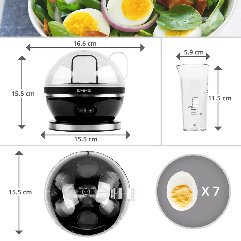 Duronic EB27 BK Cuiseur à œufs 400W 1 à 7 oeufs Thermostat et minuteur pour obtenir œufs durs ou mollets ou à la coque avec fonction dédiée pour préparer 2 types de cuisson Sans BPA