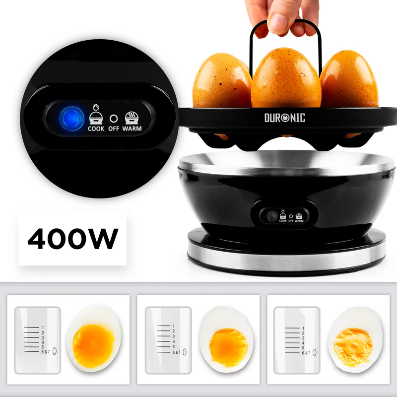 Duronic EB27 BK Cuiseur à œufs 400W 1 à 7 oeufs Thermostat et minuteur pour obtenir œufs durs ou mollets ou à la coque avec fonction dédiée pour préparer 2 types de cuisson Sans BPA