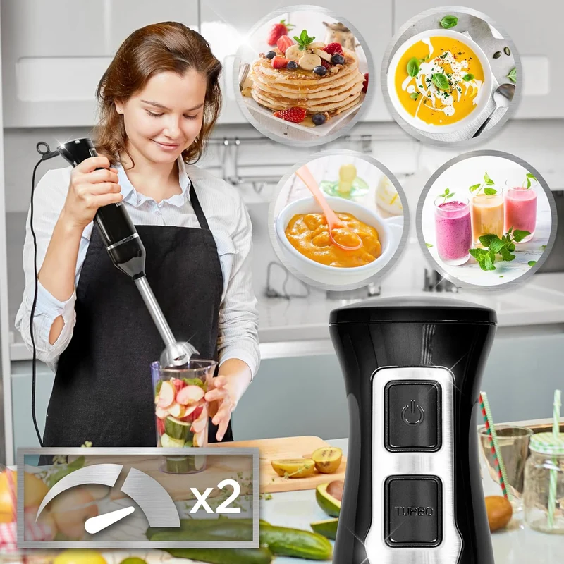 Duronic HB35 BUNDLE Mixeur plongeant à main 350W avec Presse-Purée Hachoir Fouet Spiraliseur | 2 Réglages de Vitesses | 2 lames et axe en inox | Idéal pour Soupe Pâtisserie Smoothie Purée Fruits Légumes