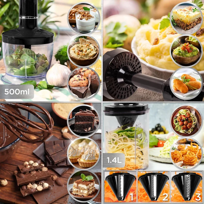 Duronic HB35 BUNDLE Mixeur plongeant à main 350W avec Presse-Purée Hachoir Fouet Spiraliseur | 2 Réglages de Vitesses | 2 lames et axe en inox | Idéal pour Soupe Pâtisserie Smoothie Purée Fruits Légumes