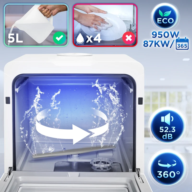 Duronic DW5 WE Lave-vaisselle de table 950W lave vaisselle posable portable compact gain de place pour petite cuisine 6 programmes de lavage séchage efficace pratique