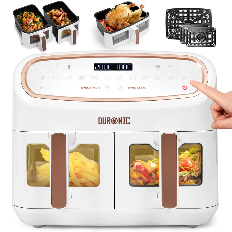 Duronic AF34 WE Set Friteuse à Air avec 1 grand tiroir de 10L et 2 petits tiroirs de 5L inclus 10 Programmes de Cuisson Préréglés Sans huile Fonctions Sync Cook Sync Finish
