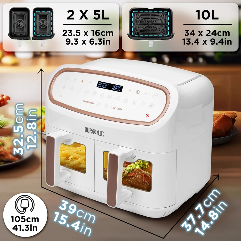 Duronic AF34 WE Set Friteuse à Air avec 1 grand tiroir de 10L et 2 petits tiroirs de 5L inclus 10 Programmes de Cuisson Préréglés Sans huile Fonctions Sync Cook Sync Finish
