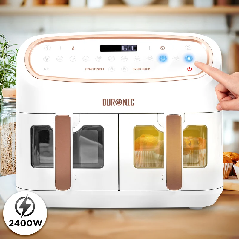 Duronic AF34 WE Set Friteuse à Air avec 1 grand tiroir de 10L et 2 petits tiroirs de 5L inclus 10 Programmes de Cuisson Préréglés Sans huile Fonctions Sync Cook Sync Finish
