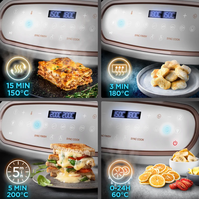 Duronic AF34 WE Set Friteuse à Air avec 1 grand tiroir de 10L et 2 petits tiroirs de 5L inclus 10 Programmes de Cuisson Préréglés Sans huile Fonctions Sync Cook Sync Finish