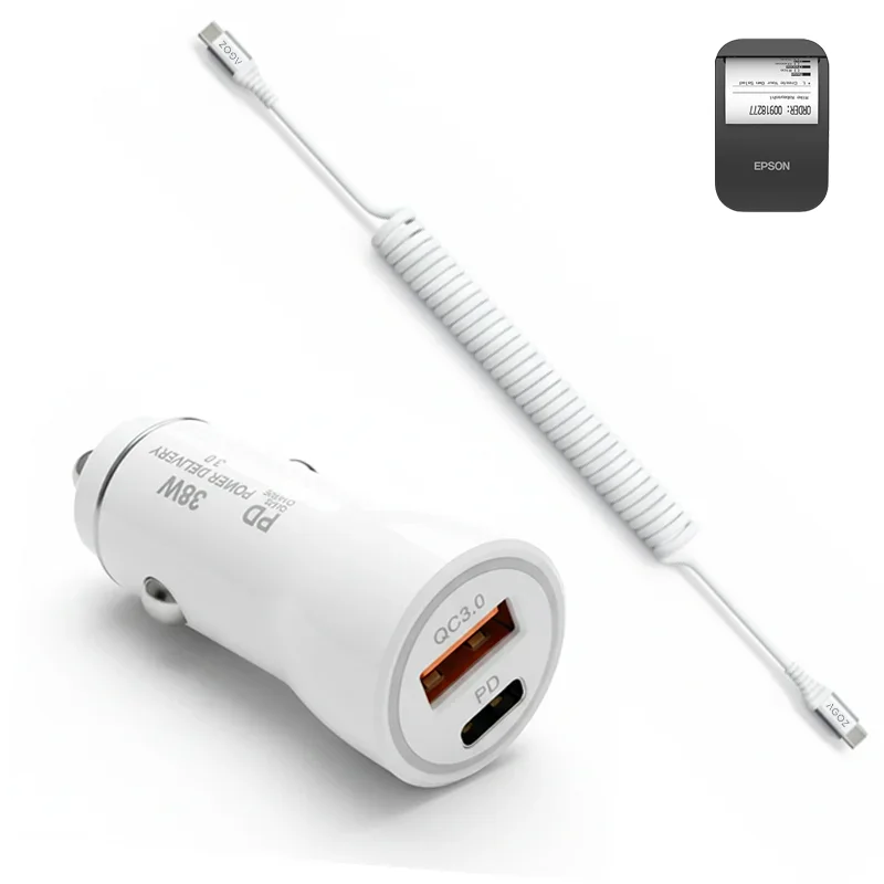 Chargeur voiture rapide 38W et câble enroulé USB-C pour Epson Mobilink TM-P20II P80II