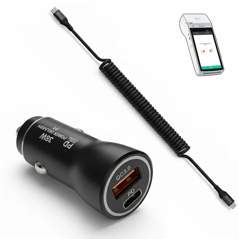 Chargeur de voiture rapide 38W et câble enroulé USB-C pour terminal de paiement mobile Valor Paytech