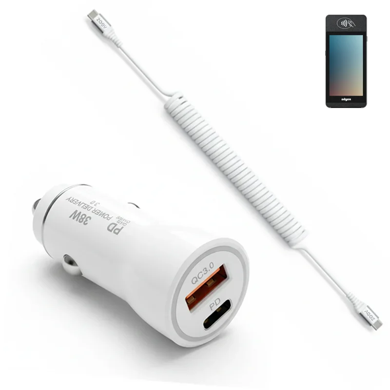 Chargeur de voiture rapide 38W et câble enroulé USB-C pour terminal de paiement mobile Adyen