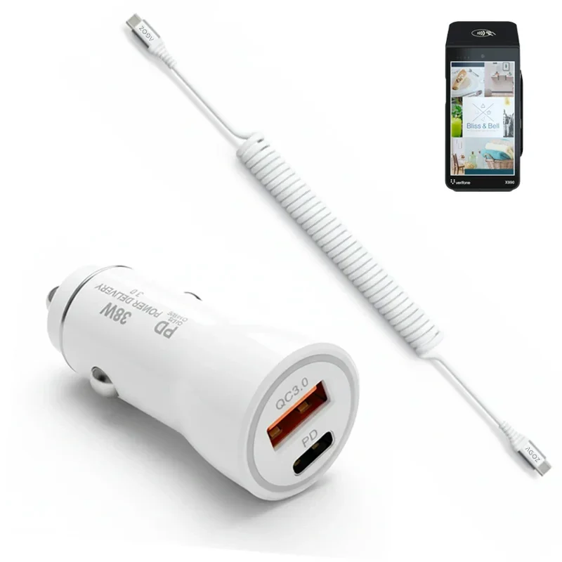 Chargeur de voiture rapide 38W et câble USB-C en spirale pour terminal de paiement portable Verifone