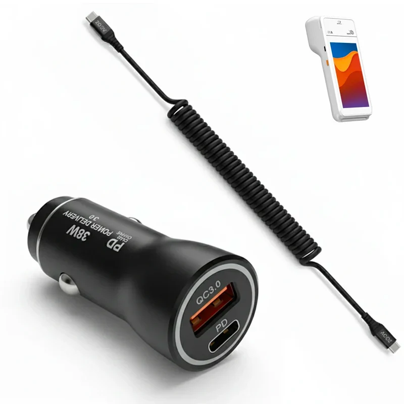 Chargeur de voiture rapide 38W et câble enroulé USB-C pour terminaux PAX POS