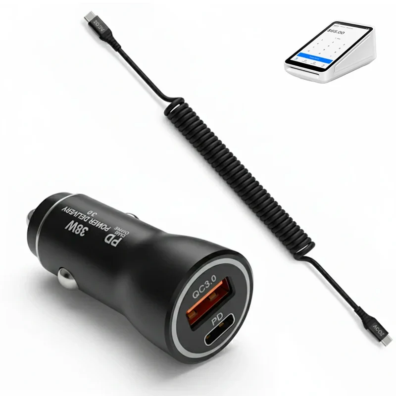 Chargeur de voiture rapide 38W et câble USB-C en spirale pour appareil de point de vente Square
