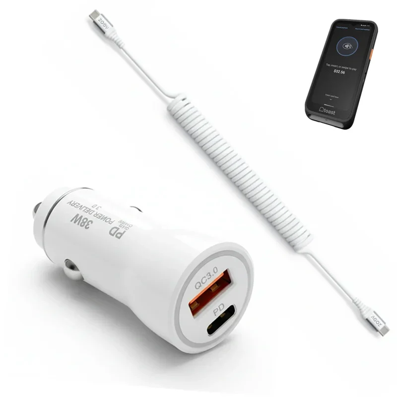 Chargeur de voiture rapide 38W et câble USB-C en spirale pour terminal de paiement portable Toast