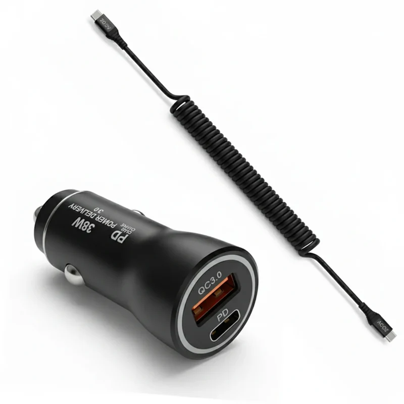 Chargeur de voiture rapide 38W et câble enroulé USB-C vers USB-C