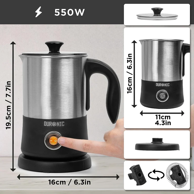 Duronic MF300 Mousseur à Lait électrique automatique 550W | Pour café cappuccino latte chocolat chaud thé | Mousse chaude ou froide et lait chaud | Capacité 400 ml | Pot en inox