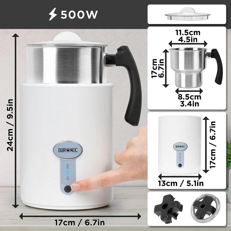 Duronic MF500 WE Mousseur à Lait électrique automatique 550W | Pour café cappuccino latte chocolat chaud thé | Mousse chaude ou froide et lait chaud | Capacité 500 ml | Pot en inox