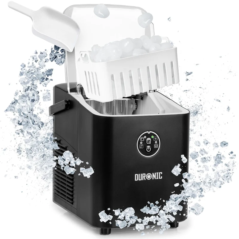 Duronic ICM12 BK Machine à glaçons automatique 120W | 8 cubes en 6 à 8 minutes | Panier de 1 litre et pelle à glace | Réservoir de 1 litre | Glace pour boissons fraiches cocktails fêtes