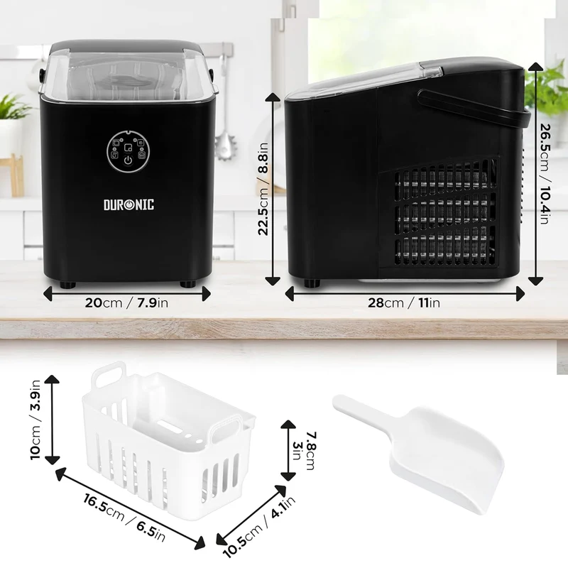 Duronic ICM12 BK Machine à glaçons automatique 120W | 8 cubes en 6 à 8 minutes | Panier de 1 litre et pelle à glace | Réservoir de 1 litre | Glace pour boissons fraiches cocktails fêtes