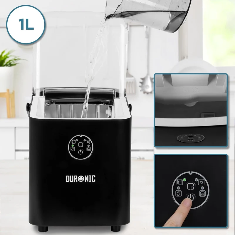 Duronic ICM12 BK Machine à glaçons automatique 120W | 8 cubes en 6 à 8 minutes | Panier de 1 litre et pelle à glace | Réservoir de 1 litre | Glace pour boissons fraiches cocktails fêtes