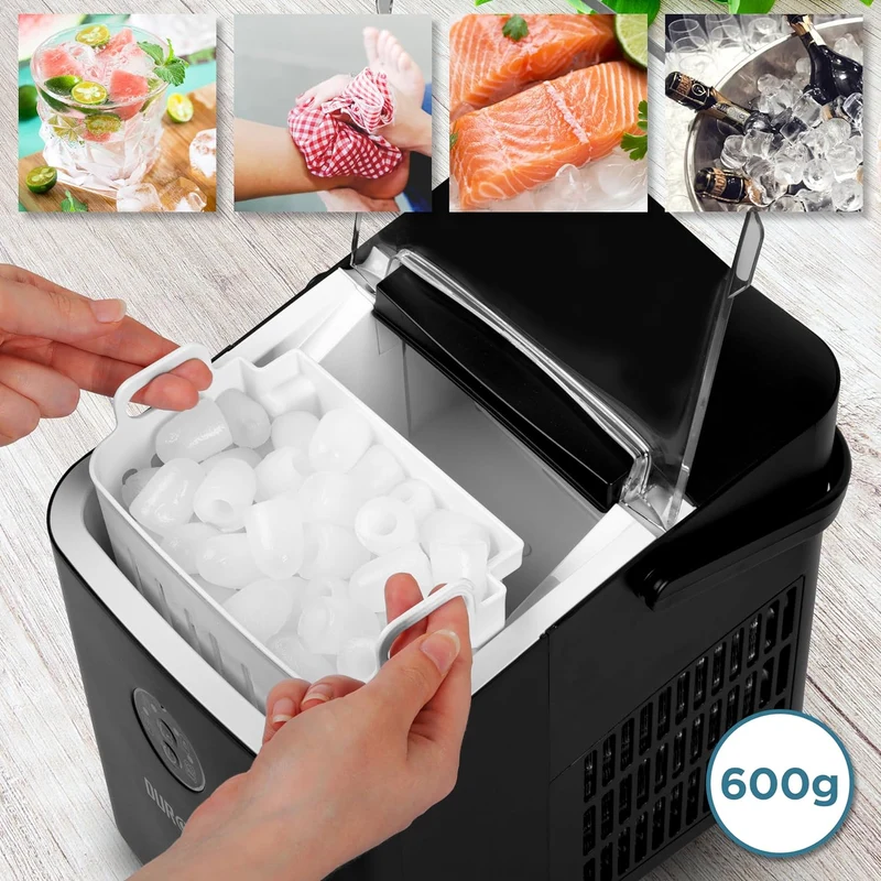 Duronic ICM12 BK Machine à glaçons automatique 120W | 8 cubes en 6 à 8 minutes | Panier de 1 litre et pelle à glace | Réservoir de 1 litre | Glace pour boissons fraiches cocktails fêtes