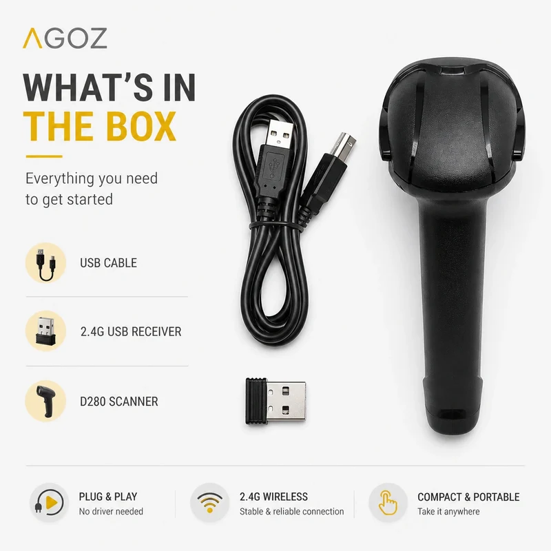 Scanner de codes-barres 2D sans fil AGOZ D280 avec support, Bluetooth 2,4G USB filaire