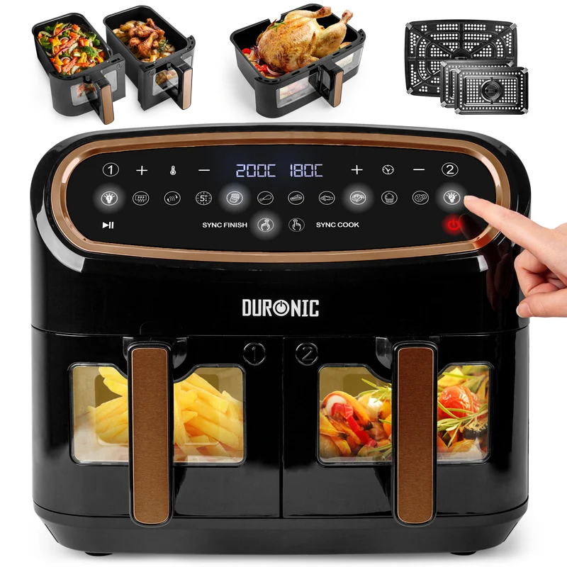 Duronic AF34 BG Set Friteuse à Air avec 1 grand tiroir de 10L et 2 petits tiroirs de 5L inclus | 10 Programmes de Cuisson Préréglés | Sans huile | Fonctions Sync Cook Sync Finish