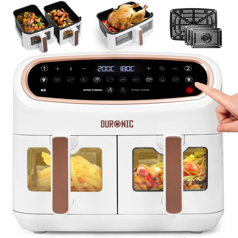 Duronic AF34 WG Set Friteuse à Air avec 1 grand tiroir de 10L et 2 petits tiroirs de 5L inclus | 10 Programmes de Cuisson Préréglés | Sans huile | Fonctions Sync Cook Sync Finish