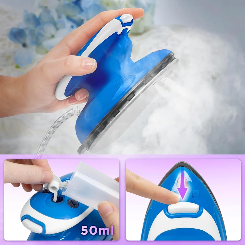 Duronic SI2 BE Fer à Repasser à Vapeur de Voyage 375W Léger et Compact 762g Semelle antiadhésive Réservoir de 50 ml avec Brosse et Pochette de Transport