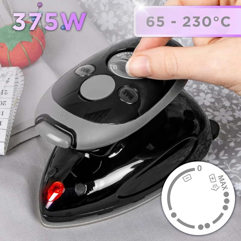 Duronic SI2 BK Fer à Repasser à Vapeur de Voyage 375W Léger et Compact 762g Semelle antiadhésive Réservoir de 50 ml avec Brosse et Pochette de Transport