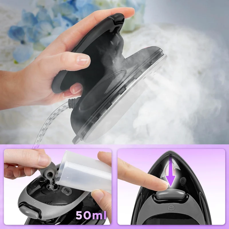 Duronic SI2 BK Fer à Repasser à Vapeur de Voyage 375W Léger et Compact 762g Semelle antiadhésive Réservoir de 50 ml avec Brosse et Pochette de Transport