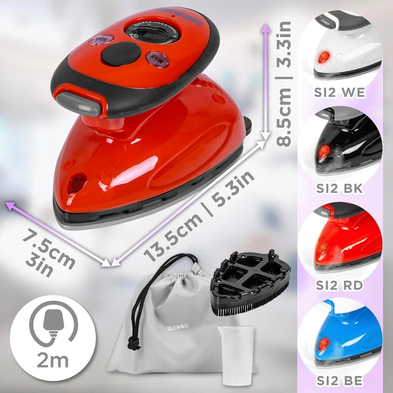 Duronic SI2 RD Fer à Repasser à Vapeur de Voyage 375W Léger et Compact 762g Semelle antiadhésive Réservoir de 50 ml avec Brosse et Pochette de Transport