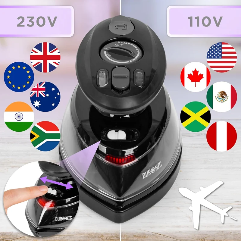 Duronic SI3 BK Fer à repasser à vapeur de voyage 400W Léger et compact 495g Idéal pour les déplacements Convient pour crafts et patchworks Accessoires inclus
