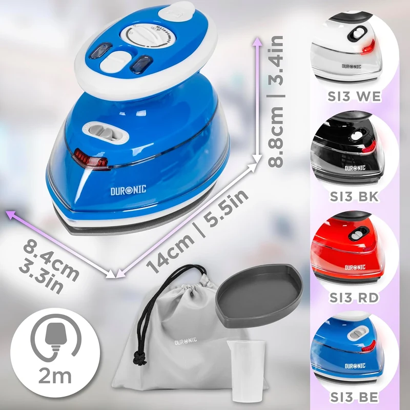 Duronic SI3 BE Fer à repasser à vapeur de voyage 400W Léger et compact 495g Idéal pour les déplacements Convient pour crafts et patchworks Accessoires inclus