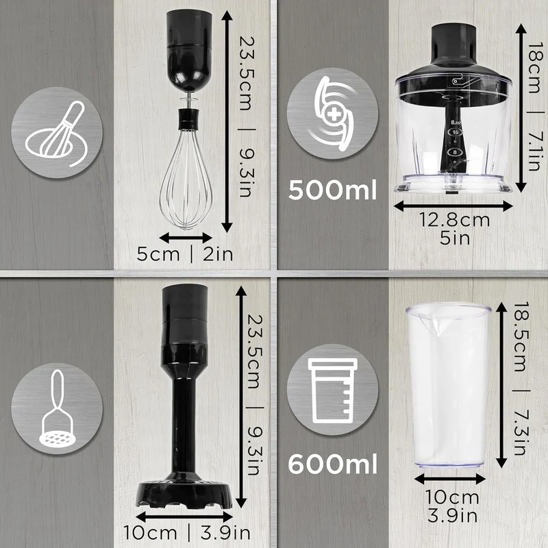 Duronic HBA35 Accessoires pour Mixeur plongeant HB35B ou HB35C de Duronic | Fouet Hachoir Presse-Purée | Découper Mixer Hacher Fouetter les Ingrédients | Idéal pour Pâtisserie Purée Légumes Fruits