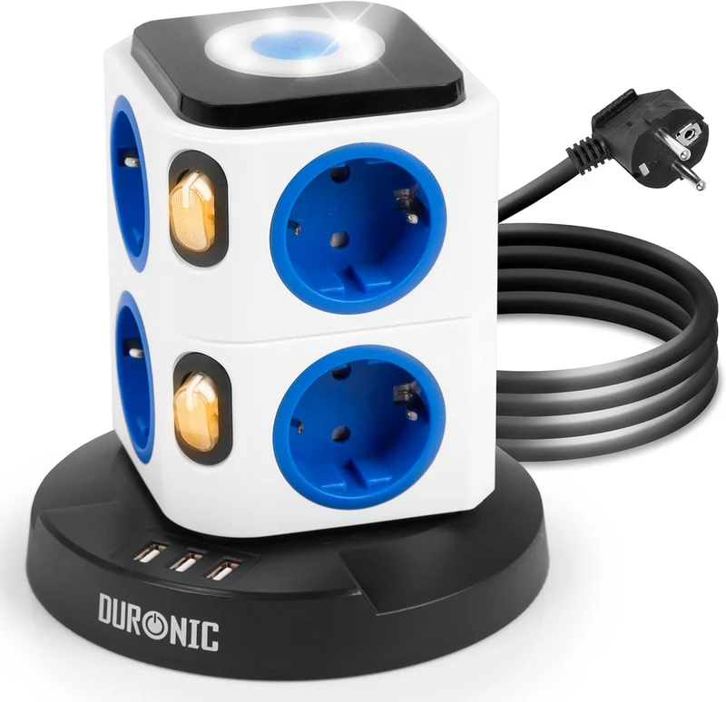 Duronic ET8L Tour Multiprise avec 3 ports USB-A | Veilleuse tactile | 8 Prises 3680W 13A | Multiprise avec parasurtenseur protection contre les surtensions | Câble de 1,8 m