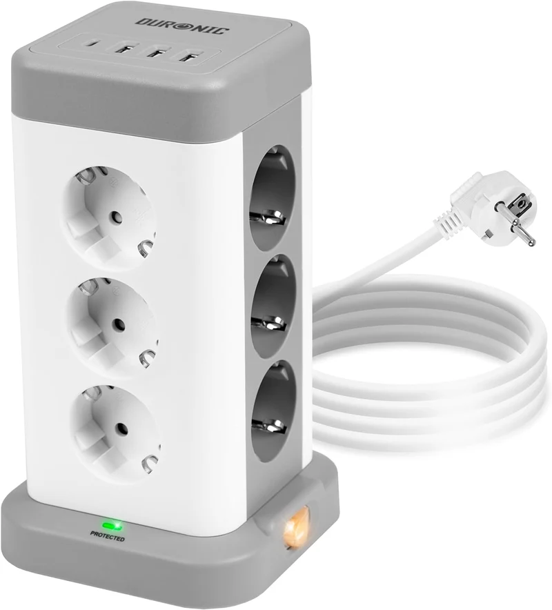 Duronic ET12C Tour Multiprise avec 3 ports USB-A et 1 port USB-C | 12 Prises 3680W 13A | Multiprise avec parasurtenseur protection contre les surtensions | Câble de 1,8 m