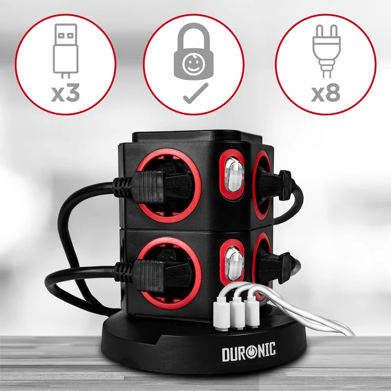 Duronic ET8W Tour Multiprise avec 3 ports USB et Recharge sans fil | 8 Prises 3680W 13A | Multiprise avec parasurtenseur protection contre les surtensions | Câble de 1,8 m