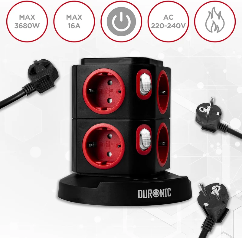 Duronic ET8W Tour Multiprise avec 3 ports USB et Recharge sans fil | 8 Prises 3680W 13A | Multiprise avec parasurtenseur protection contre les surtensions | Câble de 1,8 m