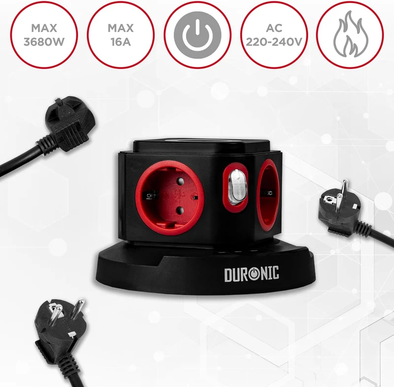 Duronic ET4W Tour Multiprise avec 3 ports USB et Recharge sans fil | 4 Prises 3680W 13A | Multiprise avec parasurtenseur protection contre les surtensions | Câble de 1,8 m