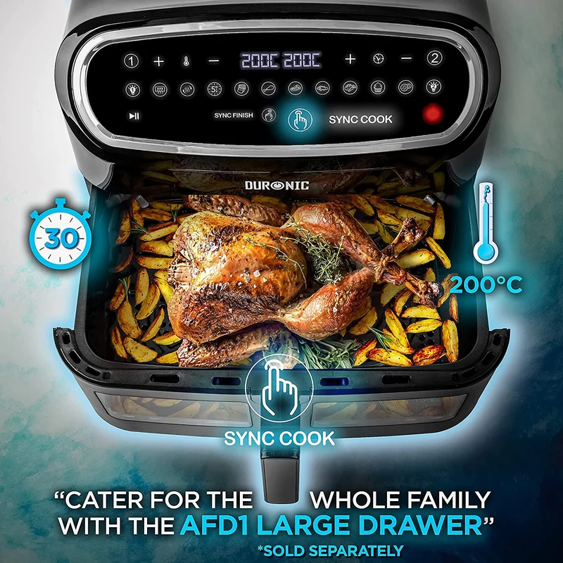 Duronic AFD1 BK Grand Panier de Cuisson de 10 Litres pour Friteuse à air AF24 de Duronic Tiroir de Cuisson A utiliser avec la Fonction Sync Cook Compatible uniquement avec AF24 et AF34 de Duronic